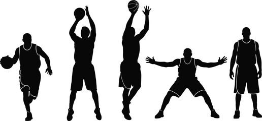 Basketball Player Silhouettes Set Showing Dribbling, Jump Shot, Dunk, Defense, and Standing Pose in Action © Its me...
