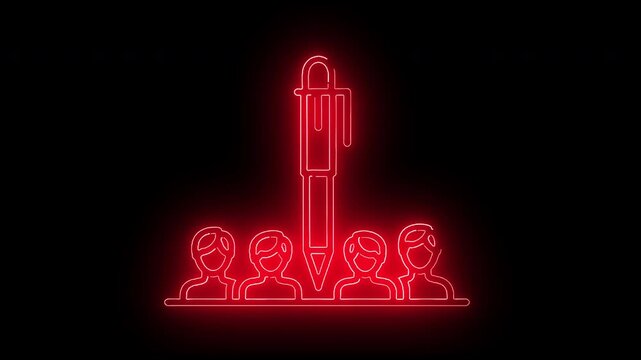 Neon-lit illustration of a pen standing over three people on a black background with a red glow.