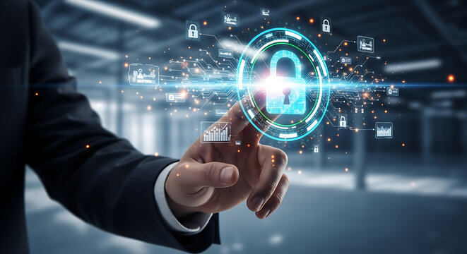 Cybersecurity concept of a padlock icon glowing on a digital interface with a person's finger touching it