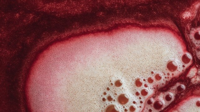 Macro view of red liquid with a foamy, creamy edge and clustered bubbles, creating a vivid abstract pattern ideal for beverage branding, science visuals, or modern art backgrounds.