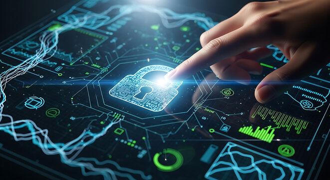 Digital security concept with a human finger touching a glowing padlock icon on a futuristic interface