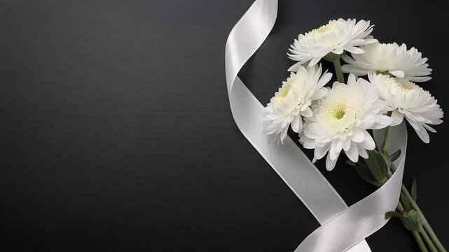 Beautiful white chrysanthemum flowers and white ribbon against a dark background with empty space.