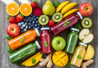 Assortment of Fresh Fruit Juices and Healthy Ingredients on Rustic Wood