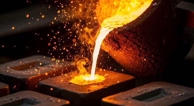 Intense close-up of molten metal pouring into a casting mold in a dark industrial foundry, highlighting the luminous stream and dramatic flying sparks.