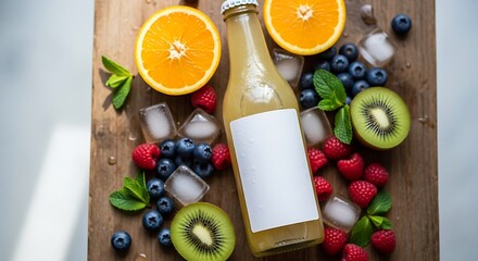 Bright Citrus Blend Beverage with Fresh Fruits on Rustic Wooden Surface