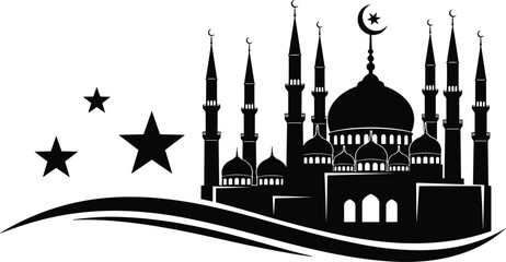Black mosque silhouette with minarets, crescent moon, stars, and decorative swoosh wave, ideal for Ramadan Kareem, Eid Mubarak, Islamic greeting cards, and banners © JONI