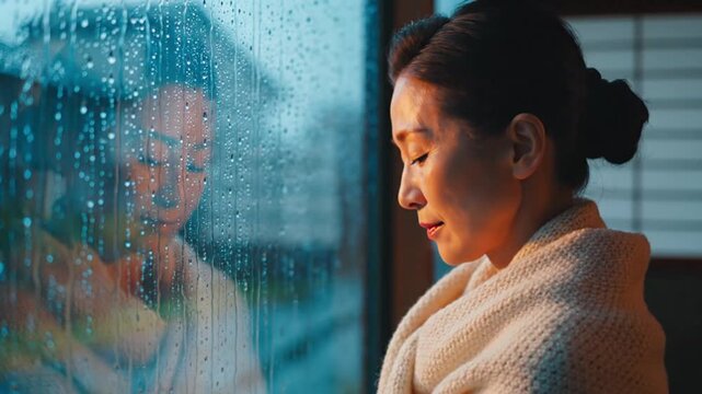 serene woman lost in thought gazing out window on rainy day with calm reflection and contemplative mood