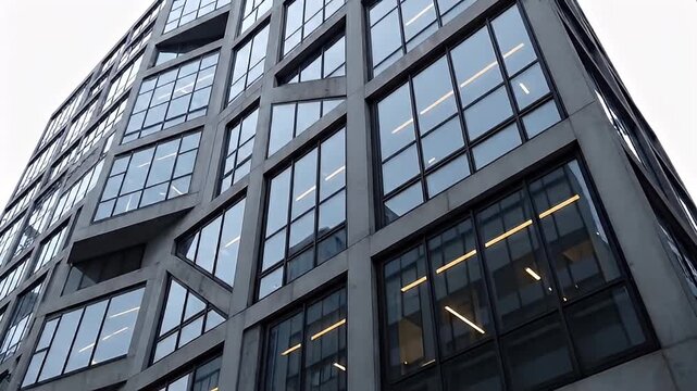 A modern building facade features a striking geometric pattern of dark windows and light gray concrete creating an abstract architectural composition high quality professional detailed elegant