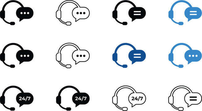 Customer support headset icon set featuring chat bubble call center twenty four seven service vector collection