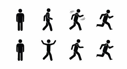 Fototapeta premium A set of eight black silhouette icons depicting people running, walking, and celebrating on a white background, representing Smart City Solutions for urban planning and mobility.