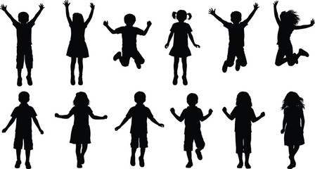 Obraz premium Collection of jumping children silhouettes isolated on white background, playful kids activity, happiness, motion, childhood energy illustration set vector style