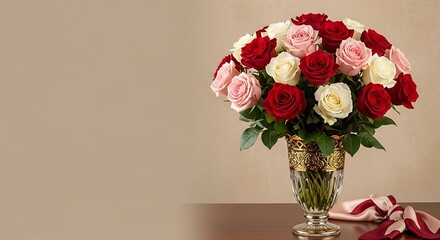 Elegant bouquet of roses in crystal vase with a silk scarf on table