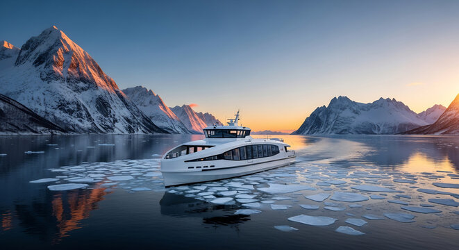 Eco-Friendly Electric Ferry Navigating Through a Frozen Winter Fjord