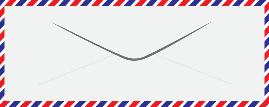 Vintage airmail postcard back template with diagonal blue and red stripe. Travel post card blank backside. Air mail envelope frame with postage place. Vector illustration isolated on white