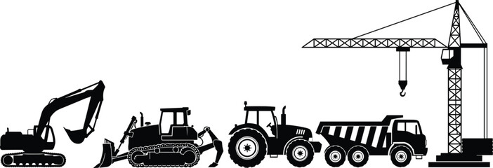 Construction machinery silhouettes including excavator bulldozer tractor dump truck and crane isolated on white background vector illustration © MstMorshida