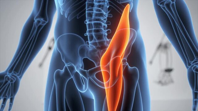 Medical illustration highlighting iliopsoas muscle in orange within pelvic region, semi‑transparent skeletal overlay showing spine, pelvis, femur, emphasizing anatomy, movement, and hip function.