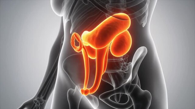 Medical illustration highlighting uterus, fallopian tubes, ovaries, and vagina in orange, semi‑transparent torso overlay with skeletal context, emphasizing female reproductive anatomy and organ positi