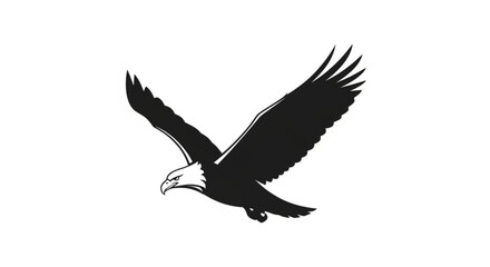 Obraz premium Black silhouette of a bald eagle flying with outstretched wings on white background