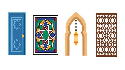 Islamic Architecture Door and Window Icon Set, Arch Mashrabiya Stained Glass Collection Illustration
