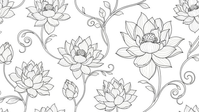 Lotus Flowers Line Art Illustration.