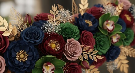 Exquisite Floral Arrangement with Roses, Orchids, and Golden Leaf Accents