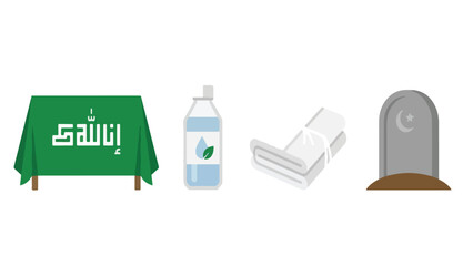 Islamic Funeral Janazah Equipment Icon Set, Coffin Shroud Camphor Gravestone Collection