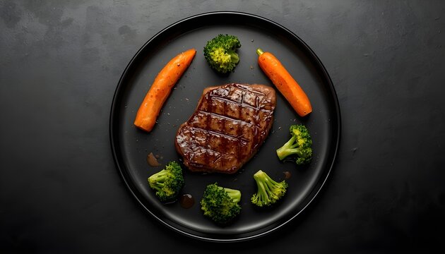 top view steak with broccoli and carrots arranged neatly modern round plate black