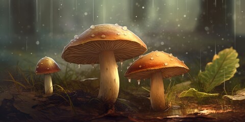 Three mushrooms are on the ground