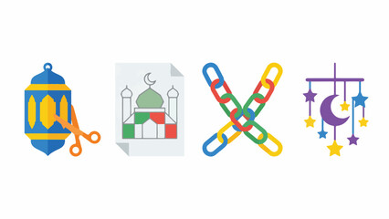 Ramadan Kids Craft and Art Activity Icon Set, Paper Lantern Coloring Garland Mobile Collection