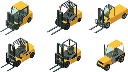 Isometric forklift truck icons set showing warehouse logistics vehicles, industrial material handling equipment, loading and lifting machines isolated on white background illustration © SreemotiArponaBala