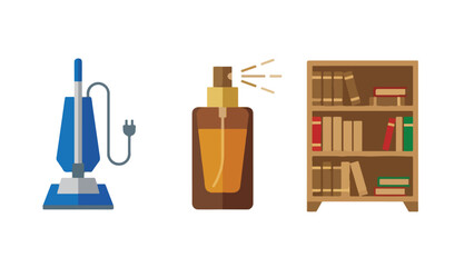 Mosque Maintenance and Cleaning Tool Icon Set, Vacuum Scent Cap Bookshelf Collection Illustration