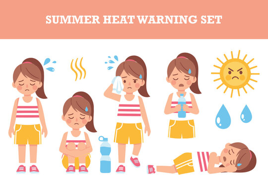 Cartoon illustration of summer heat warning signs with girl suffering from heat exhaustion and dehydration symptoms