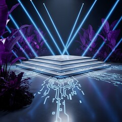 Illuminated Tech Podium with Lush Plants and Circuitry Aesthetics
