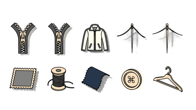 Sewing tools and clothing icons in vintage pop art style