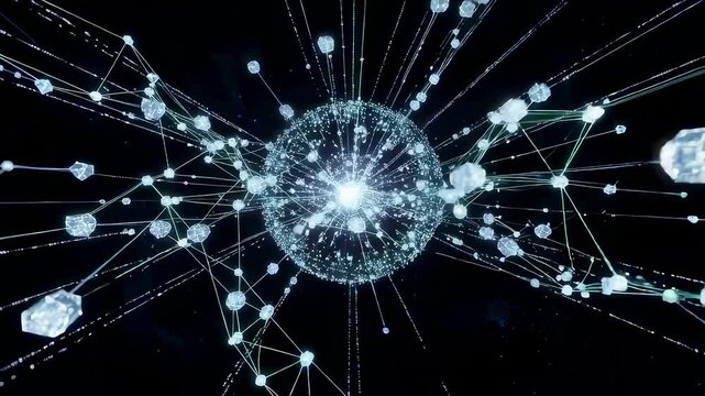 Abstract digital network with glowing central orb and connected nodes. Global communication system with data transmission lines.