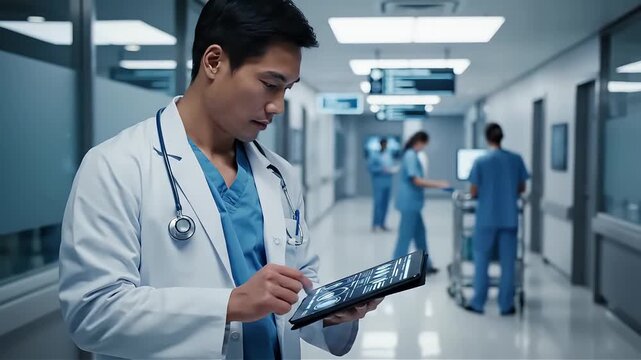 Focused male doctor examines patient data on a tablet while walking down a modern hospital hallway with medical staff in the background conveying healthcare innovation