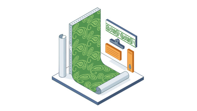 Isometric wallpaper design with paisley pattern and tools in modern