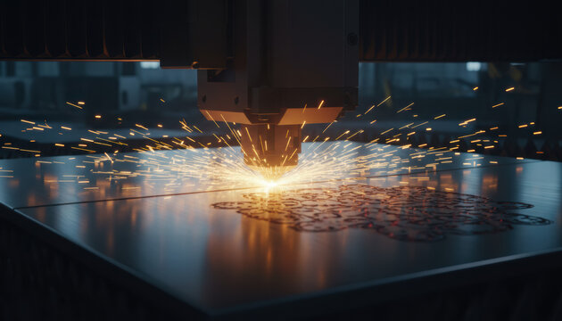 Closeup dynamic gigapixel high fidelity laser cutting machine creating intricate designs with sparks flying in workshop environment