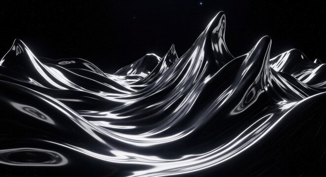 Dynamic flowing liquid silver waves in motion with glossy metallic texture on black background for abstract design