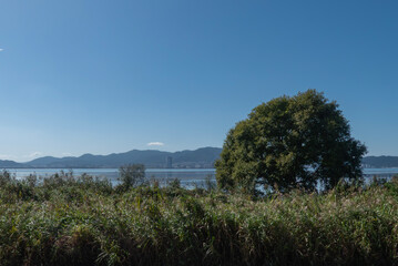 晴れの日の青く静かな琵琶湖　滋賀県大津市