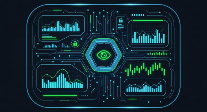 Futuristic interface with glowing blue and green graphs charts and an eye symbol on a dark background representing data analysis and technology