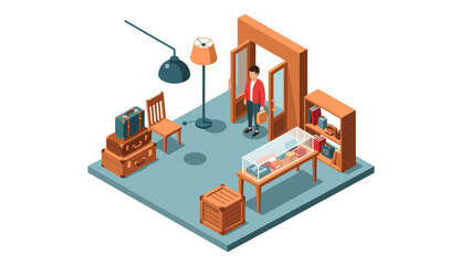 Obraz premium Minimalist isometric room with modern furniture and decor elements