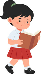 Illustration of a girl in school uniform reading a book, suitable for education, literacy, and learning content.