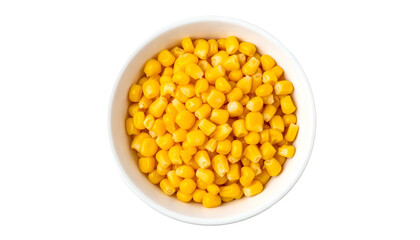 A close-up, top-down view captures a white bowl overflowing with vibrant, golden-yellow kernels, contrasting against a black background