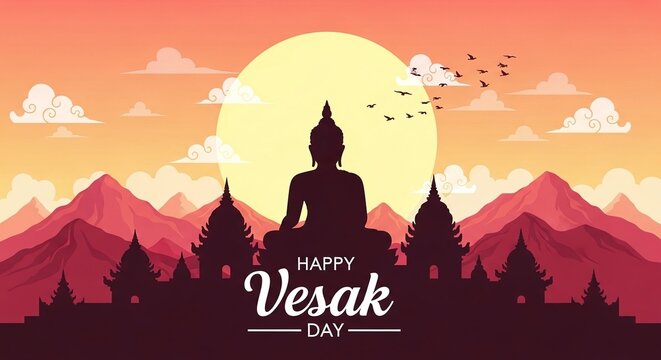 A serene sunset silhouette of the Borobudur temple stupas and a meditating Buddha statue, with birds flying across a vibrant orange and purple sky for Vesak Day.