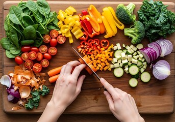 Vibrant assortment of colorful raw vegetables being prepared on wood surface