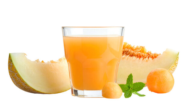 A refreshing glass of orange-hued liquid with melon slices, mint, and melon balls on a black background