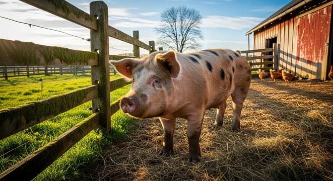Pig standing on farm ground, showing pink skin and sturdy body. A domesticated livestock animal widely raised for meat production and agricultural purposes.