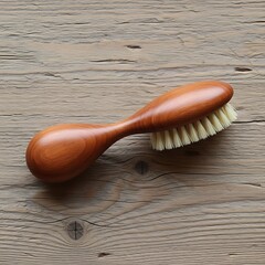 Wooden grooming brush resting on a distressed wooden surface from above