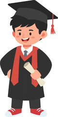 A cheerful cartoon boy in graduation cap and gown holding a diploma, ideal for education or achievement themes.